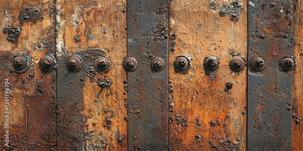 Weathered antique rusty metal wall background featuring reddish-brown tones, visible nails, and textured elements perfect for creative projects. Weathered antique rusty metal wall background featuring reddish-brown tones, visible nails, and textured elements perfect for creative projects.