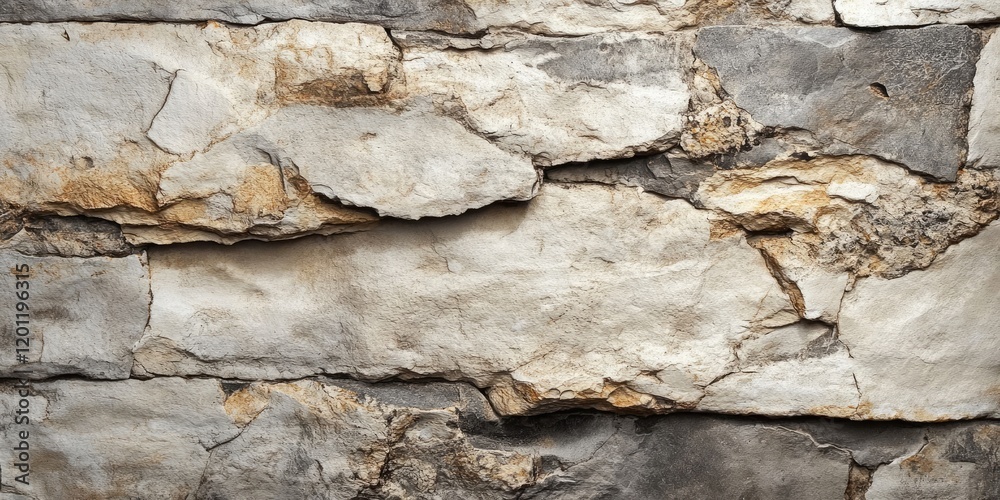 Fototapeta premium Natural stone wall texture showcasing imperfections in beige and gray hues with a rough surface and subtle vignette effect for depth.