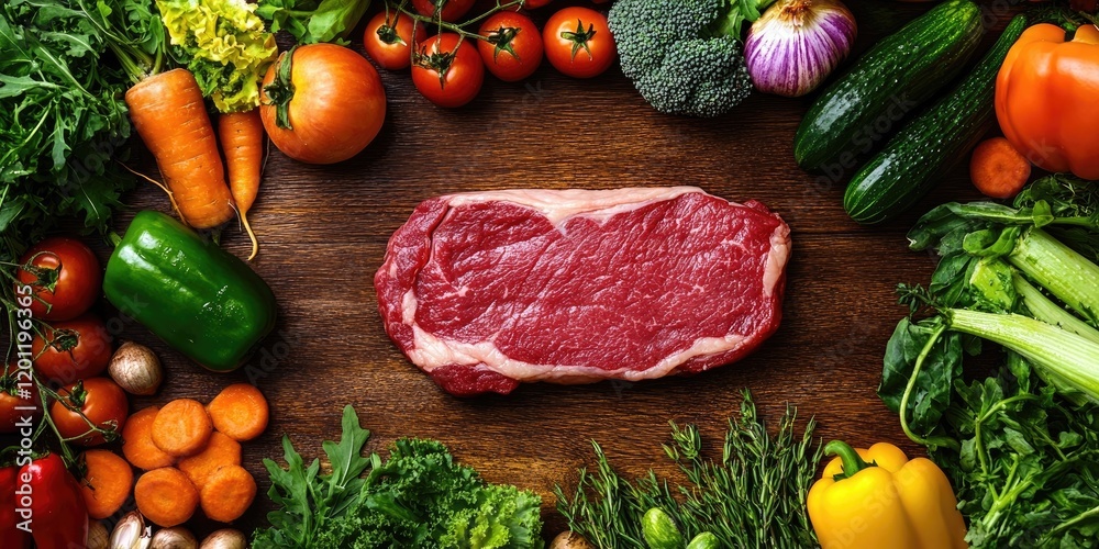 Fresh raw steak slice centered on a wooden table surrounded by colorful vegetables including tomatoes, carrots, and broccoli in a circular arrangement. Fresh raw steak slice centered on a wooden table surrounded by colorful vegetables including tomatoes, carrots, and broccoli in a circular arrangement.