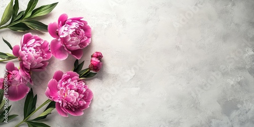 Top view of vibrant pink peony flowers arranged on a white stone surface with lush green leaves creating ample copy space on the right side.