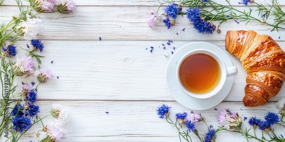 Serene top-down view of a white wooden background with a cup of tea and croissant surrounded by vibrant cornflowers in shades of blue and purple.