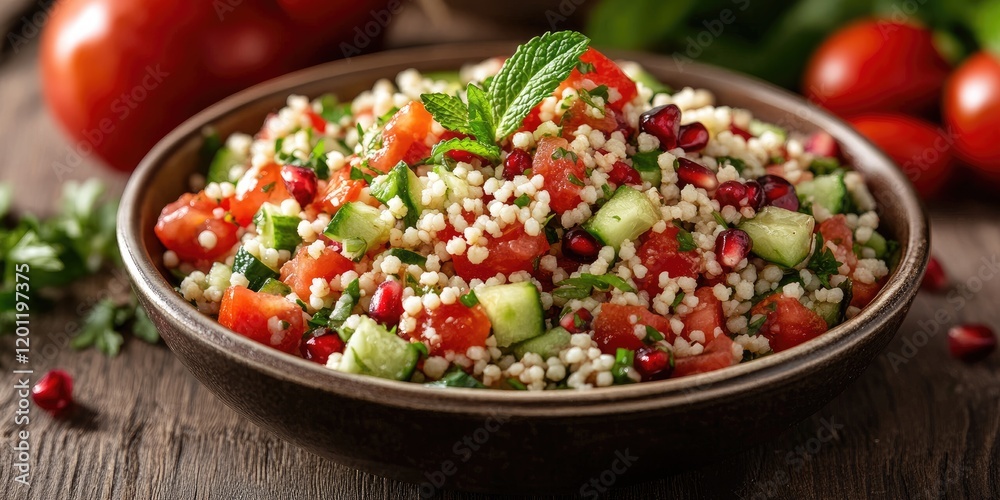Colorful Tabbouleh salad with tomatoes cucumbers pomegranate and mint in a rustic bowl garnished with fresh herbs on a wooden table