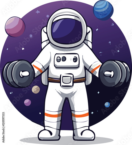 Cute astronaut lifting dumbbell cartoon icon illustration, and adorable cartoon vector icon of an astronaut in a boxing stance. photo