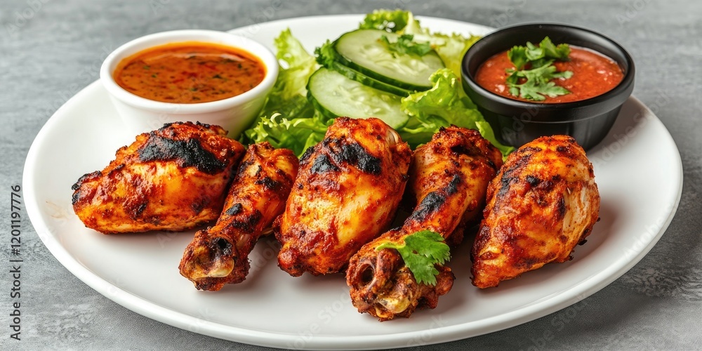 Fototapeta premium Tandoori chicken platter featuring grilled golden-brown chicken legs with garnish of fresh green lettuce and cucumber slices on a white plate