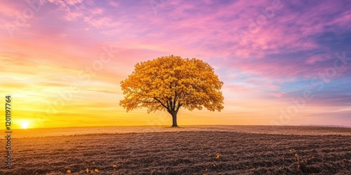 Vibrant sunset sky over a solitary yellow ipe tree in a cultivated field, with hues of purple, pink, and orange blending into the horizon.
