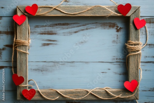 Rustic wooden frame decorated with red hearts and twine on a blue wooden background, creating a charming valentine's day setting