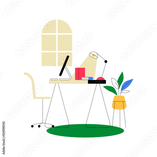 Work Desk With Computer And Books In Flat Vector Illustration Symbolizing Productivity, Learning, And Office Work, Isolated On White Background