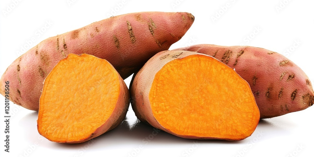 Fresh sweet potatoes in shades of orange and purple, two whole potatoes beside two halved, against a clean white background. Fresh sweet potatoes in shades of orange and purple, two whole potatoes beside two halved, against a clean white background.