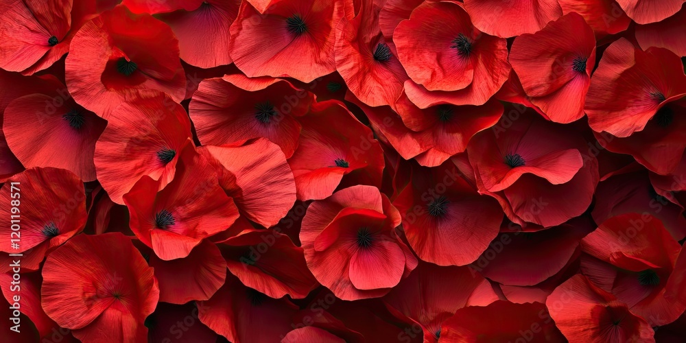 Vibrant red poppy petals arranged in a lush pattern with dark centers on a soft backdrop providing ample negative space for text above and below Vibrant red poppy petals arranged in a lush pattern with dark centers on a soft backdrop providing ample negative space for text above and below