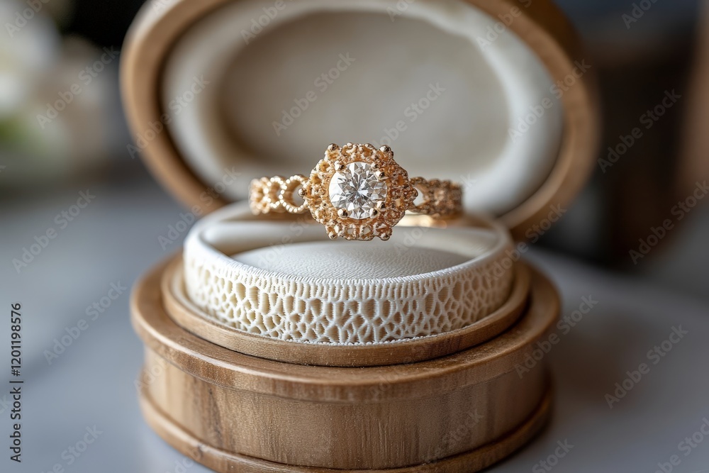 Close-up of a gold engagement ring with a detailed design and sparkling gemstone, beautifully presented in a wooden display box. Close-up of a gold engagement ring with a detailed design and sparkling gemstone, beautifully presented in a wooden display box.