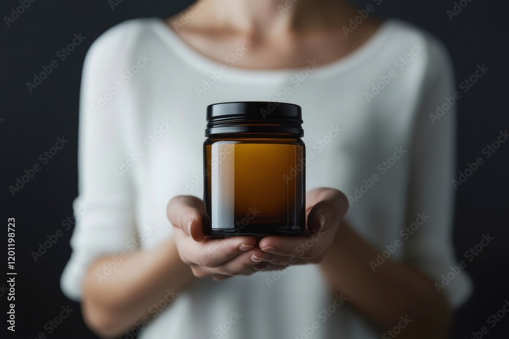 Hands holding a cosmetic container against a dark background, perfect for showcasing beauty products Hands holding a cosmetic container against a dark background, perfect for showcasing beauty products