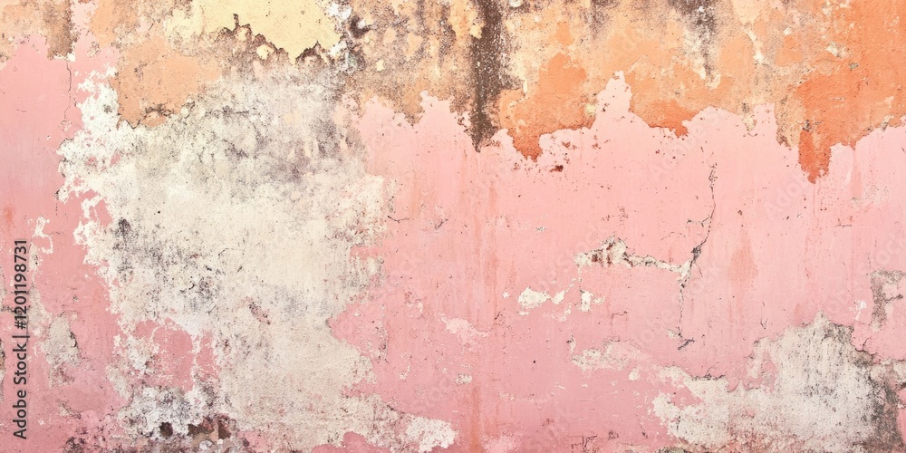 Fototapeta premium Textured abstract background showcasing a light pink and orange aged wall with peeling paint and subtle cracks, creating a weathered appearance.