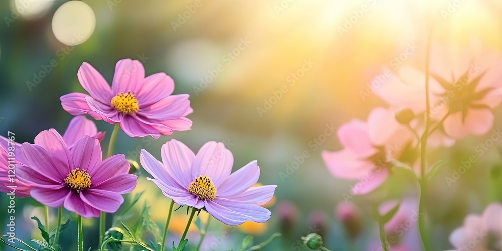 Vibrant pink cosmos flowers in a lush garden with warm sunlight creating a soft background ideal for text placement and designs Vibrant pink cosmos flowers in a lush garden with warm sunlight creating a soft background ideal for text placement and designs