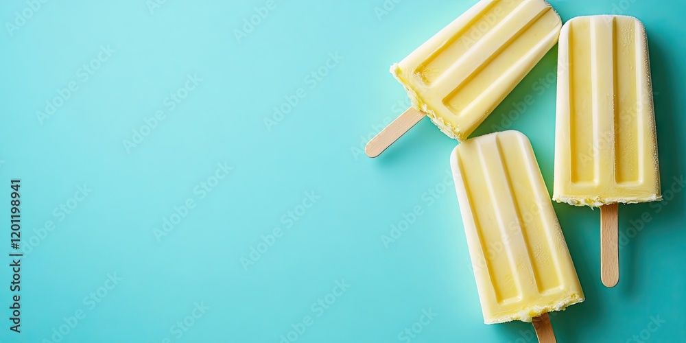 Pineapple coconut popsicles arranged on a turquoise backdrop with ample copy space for summer-themed promotions showcasing vibrant yellow colors. Pineapple coconut popsicles arranged on a turquoise backdrop with ample copy space for summer-themed promotions showcasing vibrant yellow colors.