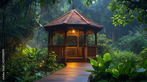 The wooden gazebo stands gracefully in the heart of a lush garden, glowing softly, its peaceful ambiance enhanced by the surrounding greenery. photo