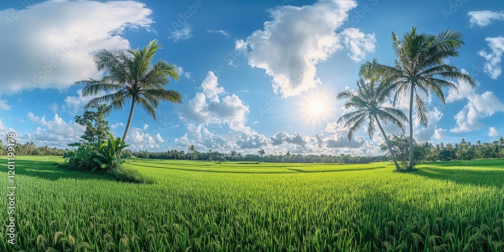 Vibrant panoramic view of lush green rice fields under a bright blue sky with fluffy white clouds and palm trees on a sunny morning. Vibrant panoramic view of lush green rice fields under a bright blue sky with fluffy white clouds and palm trees on a sunny morning.