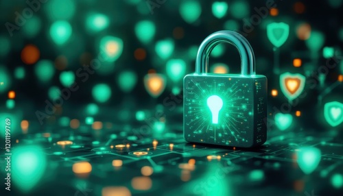 Secure digital data: glowing padlock and bright green connections in abstract environment photo