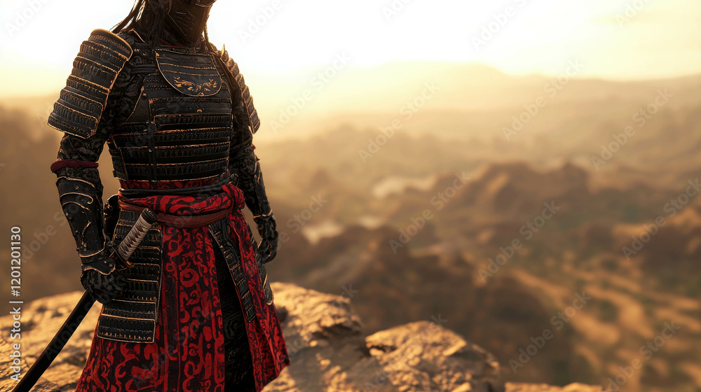 Obraz premium Samurai Warrior in Full Armor Posed Confidently on Rocky Cliff at Sunset