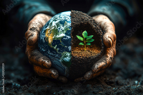 A human hand holds half of the Earth and half of soil with a growing plant. The concept of sustainability, global health, and nurturing the planet on World Health Day and Earth Day. Generative AI. photo