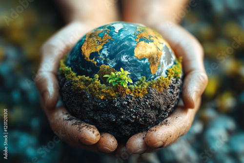 A human hand holds half of the Earth and half of soil with a growing plant. The concept of sustainability, global health, and nurturing the planet on World Health Day and Earth Day. Generative AI. photo