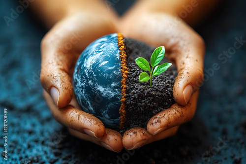 A human hand holds half of the Earth and half of soil with a growing plant. The concept of sustainability, global health, and nurturing the planet on World Health Day and Earth Day. Generative AI. photo