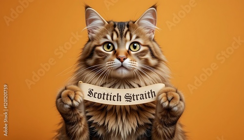 Adorable long-haired tabby cat holding a scroll with the words 'Scottich Straith' written in a vintage font against a warm orange background. photo