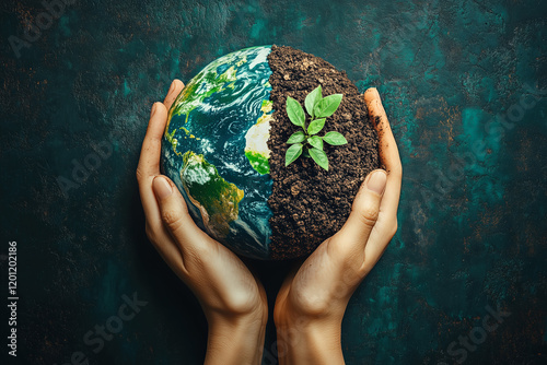 A human hand holds half of the Earth and half of soil with a growing plant. The concept of sustainability, global health, and nurturing the planet on World Health Day and Earth Day. Generative AI. photo