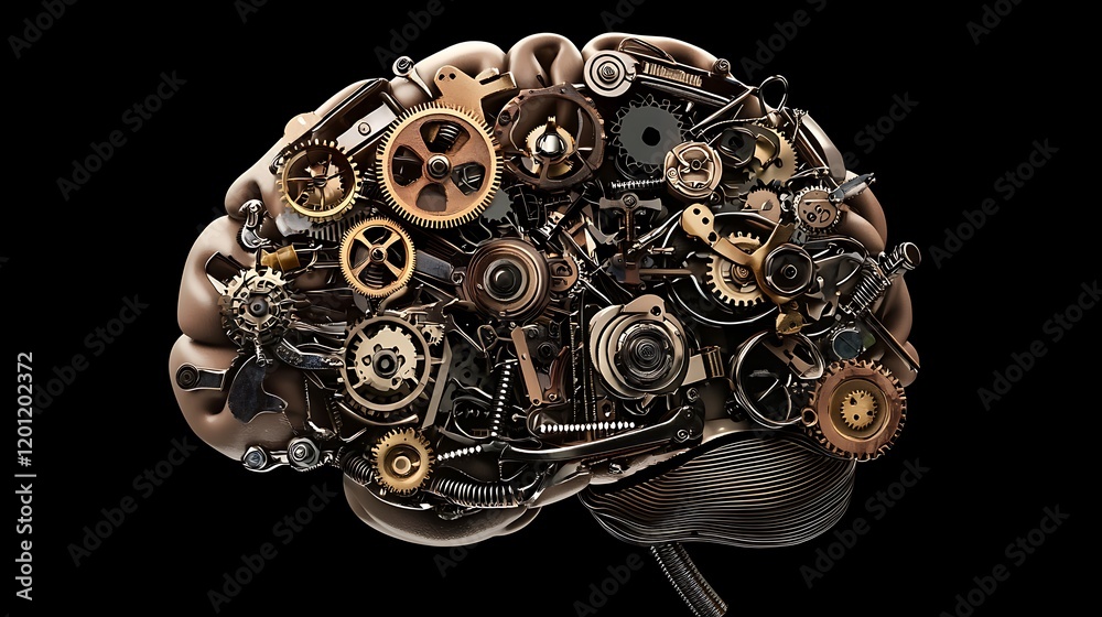 Thinking. A brain with gears is shown in a silver color Thinking. A brain with gears is shown in a silver color