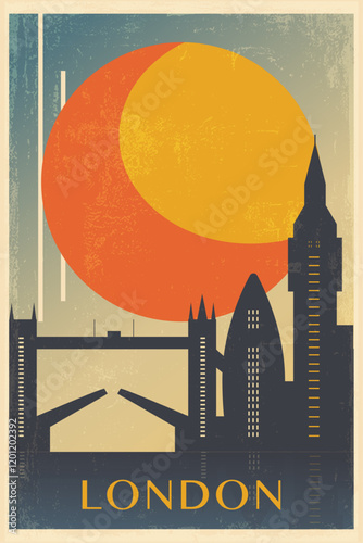 London retro city poster with abstract shapes of skyline, bridge, landmark. UK, England vintage travel vector illustration, cityscape at sunrise, sunset
