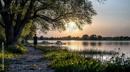 Fototapeta Naklejka Na Ścianę i Meble -  Man runs on a path near a lake at sunset with trees and benches along the shore