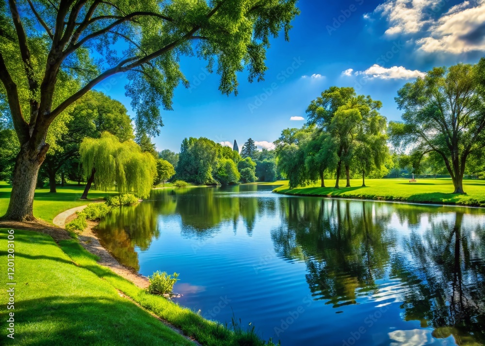 Obraz premium Lebauer Park Summer Day: Lush Green Landscape, Scenic Views, Relaxing Atmosphere