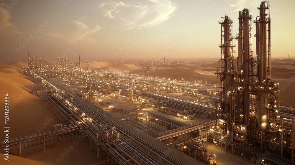 A high-angle view of an oil field with active drilling sites and pipelines stretching out to the horizon A high-angle view of an oil field with active drilling sites and pipelines stretching out to the horizon