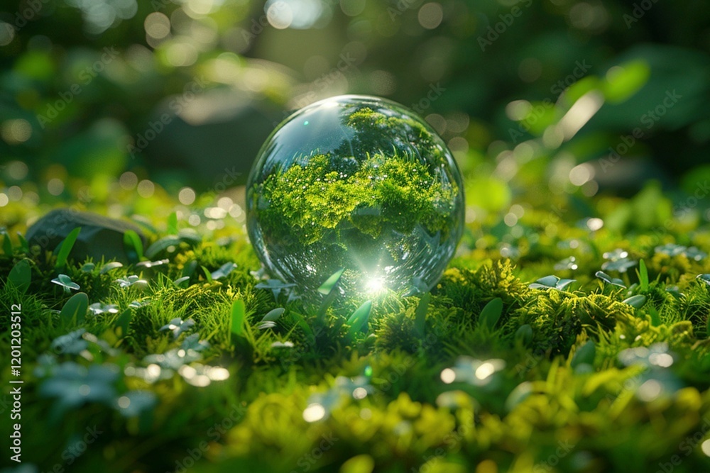 Glass sphere resting on lush green moss reflecting surrounding natural scenery highlighting environmental conservation. Glass sphere resting on lush green moss reflecting surrounding natural scenery highlighting environmental conservation.