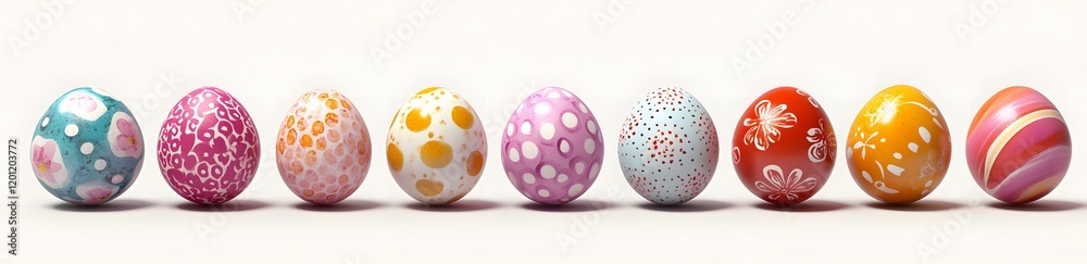 Decorated Easter Eggs In A Row On White Background Decorated Easter Eggs In A Row On White Background