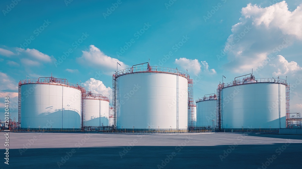 A petroleum refinery with large industrial storage tanks and piping systems under a blue sky A petroleum refinery with large industrial storage tanks and piping systems under a blue sky