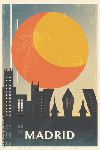 Madrid retro city poster with abstract shapes of skyline, landmarks. Spain vintage travel vector illustration, cityscape at sunrise, sunset