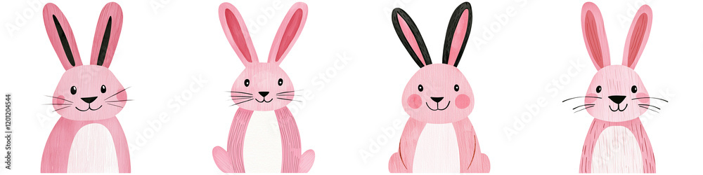 Obraz premium Thai cartoon kids and funny concept, Four cute, cartoon-style pink rabbits with varying expressions and poses.