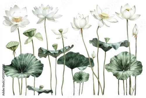 A minimalist collection of hand-painted white lotus flowers and leaves in watercolor style.