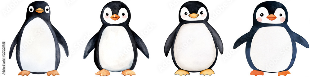 Fototapeta premium Thai cartoon kids and funny concept, Four cartoon penguins in various poses, showcasing their distinctive black and white plumage and cheerful expressions.