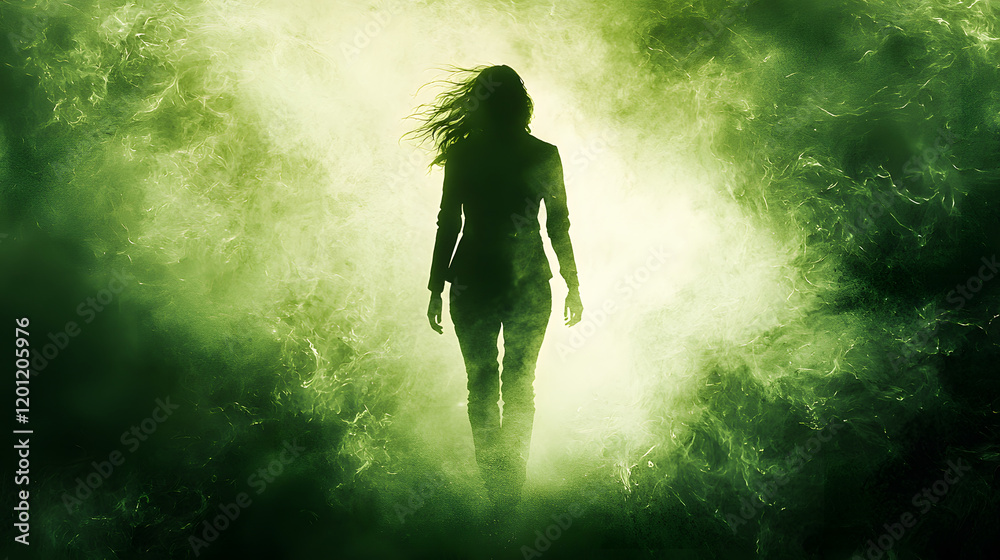 a mysterious silhouette of a woman walking through a swirling green mist, the ethereal glow casting an enigmatic aura. This captivating image is perfect for conveying feelings of mystery, uncertainty. a mysterious silhouette of a woman walking through a swirling green mist, the ethereal glow casting an enigmatic aura. This captivating image is perfect for conveying feelings of mystery, uncertainty.