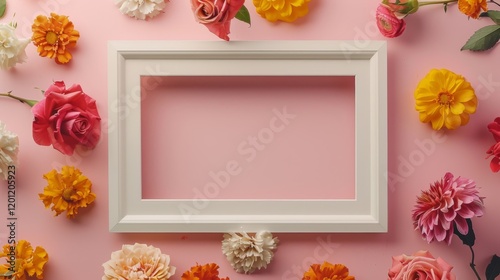 A blank white picture frame with wooden floral patterns centered encircled by lilies and daisies