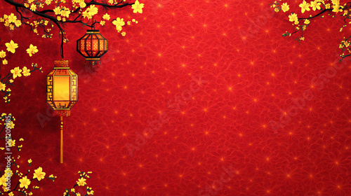 Chinese new year red background design with glowing red lanterns hanging in tree branches with golden blooming flowers photo