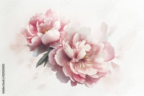 Fototapeta Naklejka Na Ścianę i Meble -  A minimalist design featuring a cluster of watercolor pink peonies framed by delicate white brushstrokes.