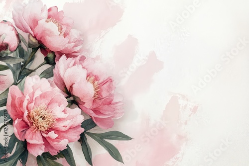 Fototapeta Naklejka Na Ścianę i Meble -  A minimalist design featuring a cluster of watercolor pink peonies framed by delicate white brushstrokes.