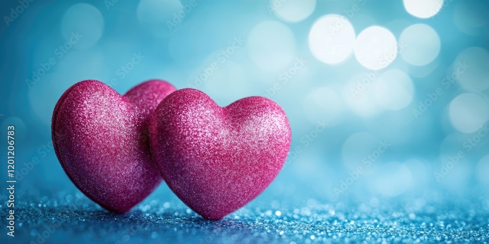 Obraz premium Two sparkling pink hearts on a blurred blue background with bokeh effect creating a tranquil space ideal for greeting card design