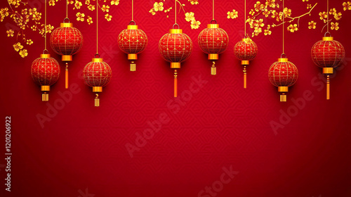 Chinese new year red background design with glowing red lanterns hanging in tree branches with golden blooming flowers photo