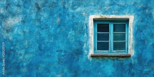 Blue textured wall with a light blue window frame positioned left, featuring six square panes against a weathered turquoise backdrop. photo