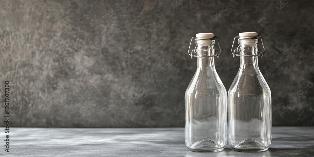 Empty glass bottles with swing top caps on a textured gray table with ample copy space for text and branding in a minimalist setting. Empty glass bottles with swing top caps on a textured gray table with ample copy space for text and branding in a minimalist setting.