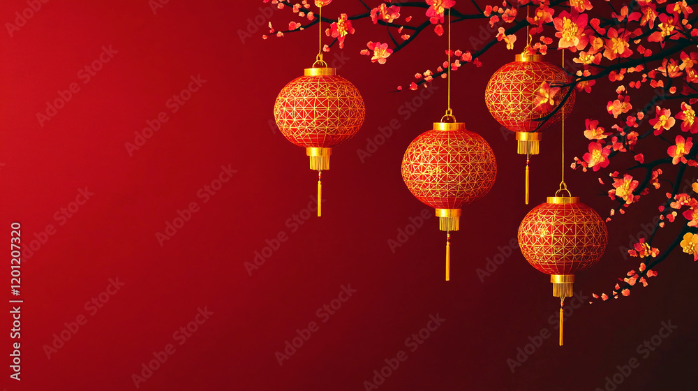 Chinese new year red background design with glowing red lanterns hanging in tree branches with golden blooming flowers Chinese new year red background design with glowing red lanterns hanging in tree branches with golden blooming flowers