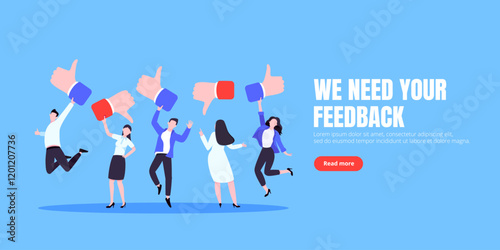 Customer feedback, employee or client satisfaction rating review with good or bad symbols - thumb up and down business concept vector illustration. Positive and negative feedback and evaluation
